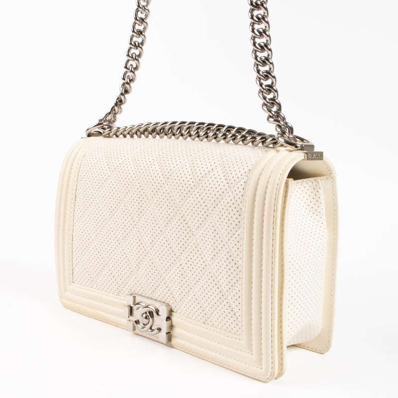 Chanel White Perforated Large Boy Chanel Bag