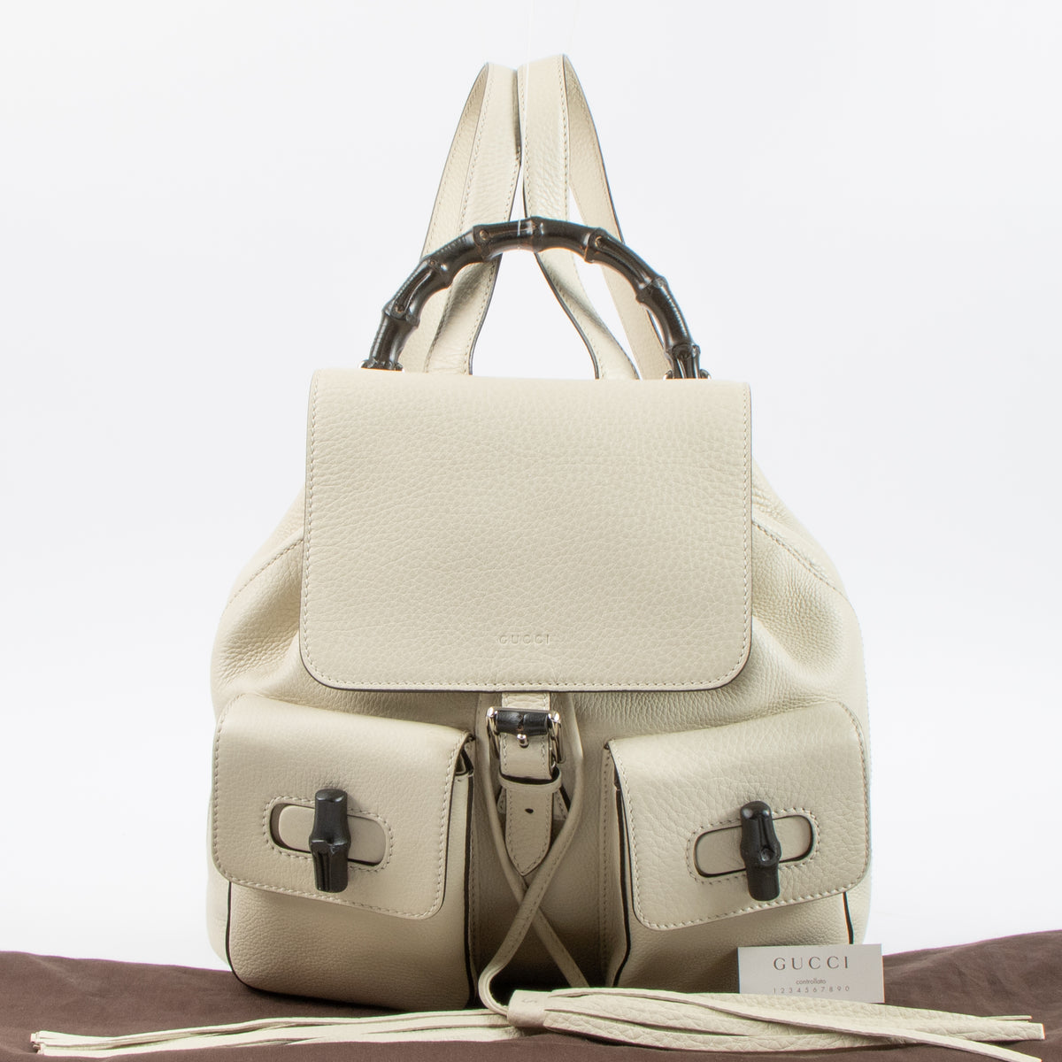 Shop this authentic Gucci White Leather Bamboo Backpack Pre-Loved on Labellov.com