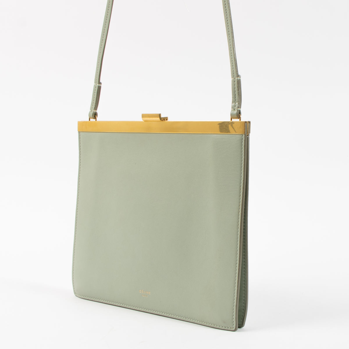Shop this authentic Celine Sage Green Calfskin Mini Clasp Bag pre-loved on Labellov.com