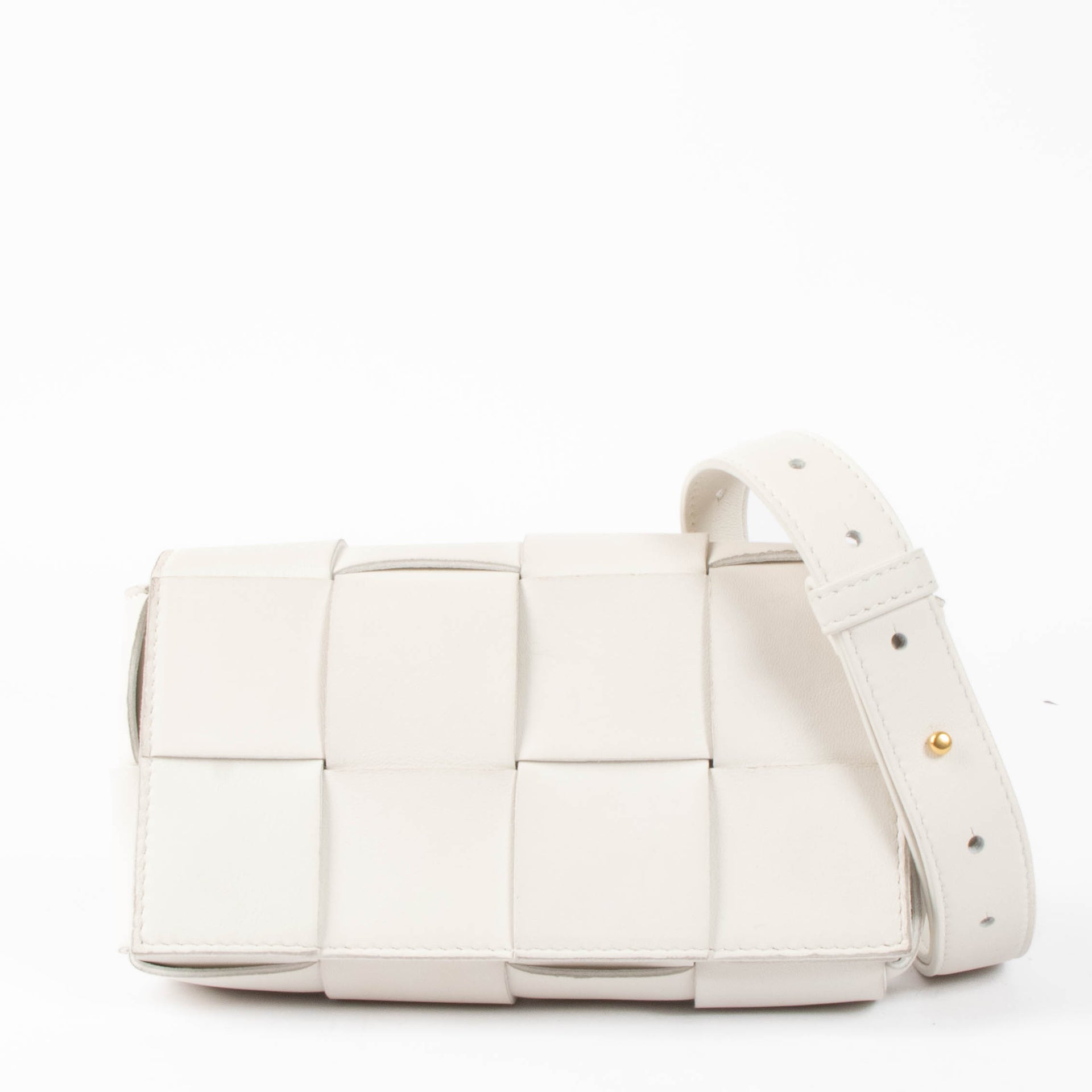 Shop this authentic Bottega Veneta White Mini Cassette Belt bag pre-loved on Labellov.com 