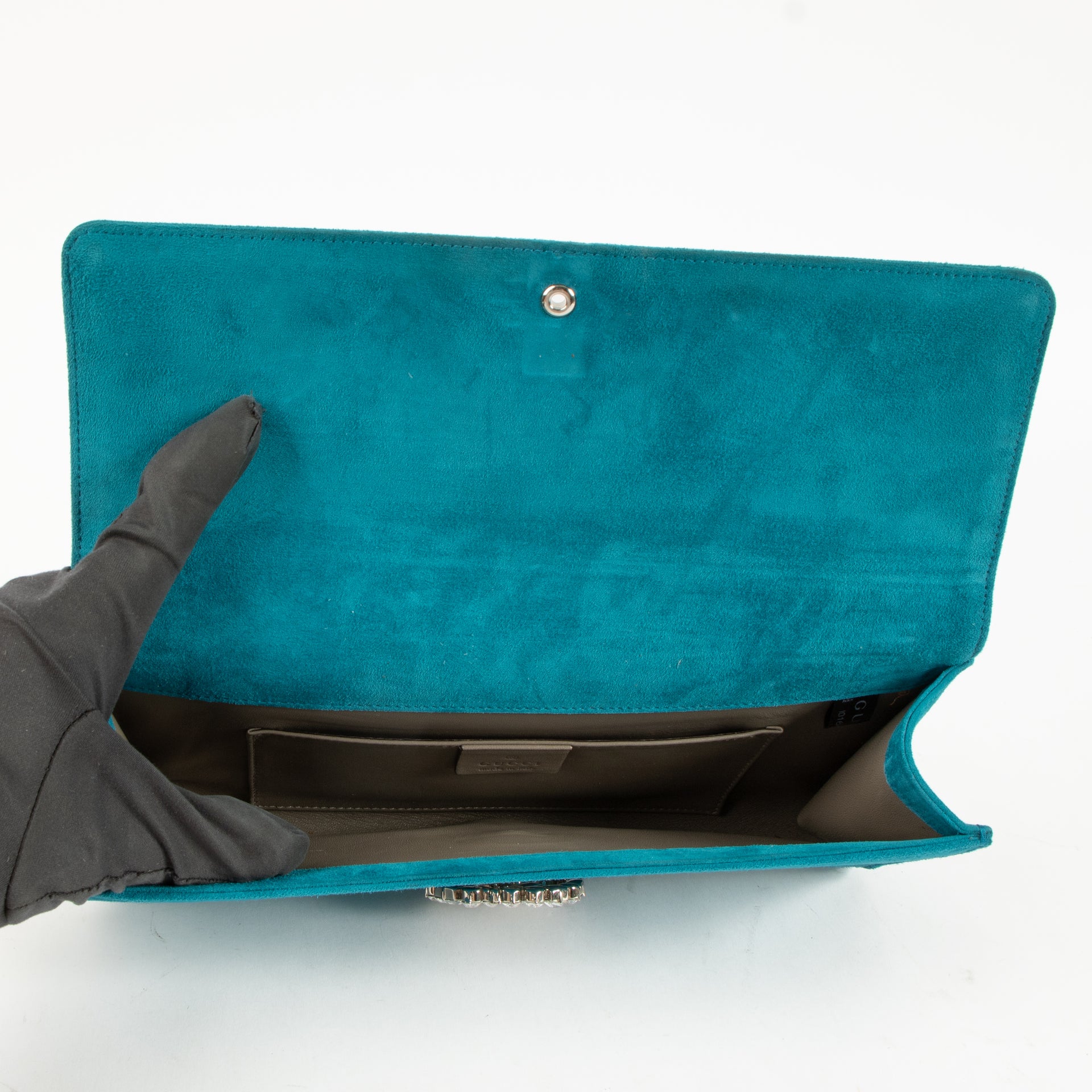 Gucci Teal Suede Crystal Broadway Clutch