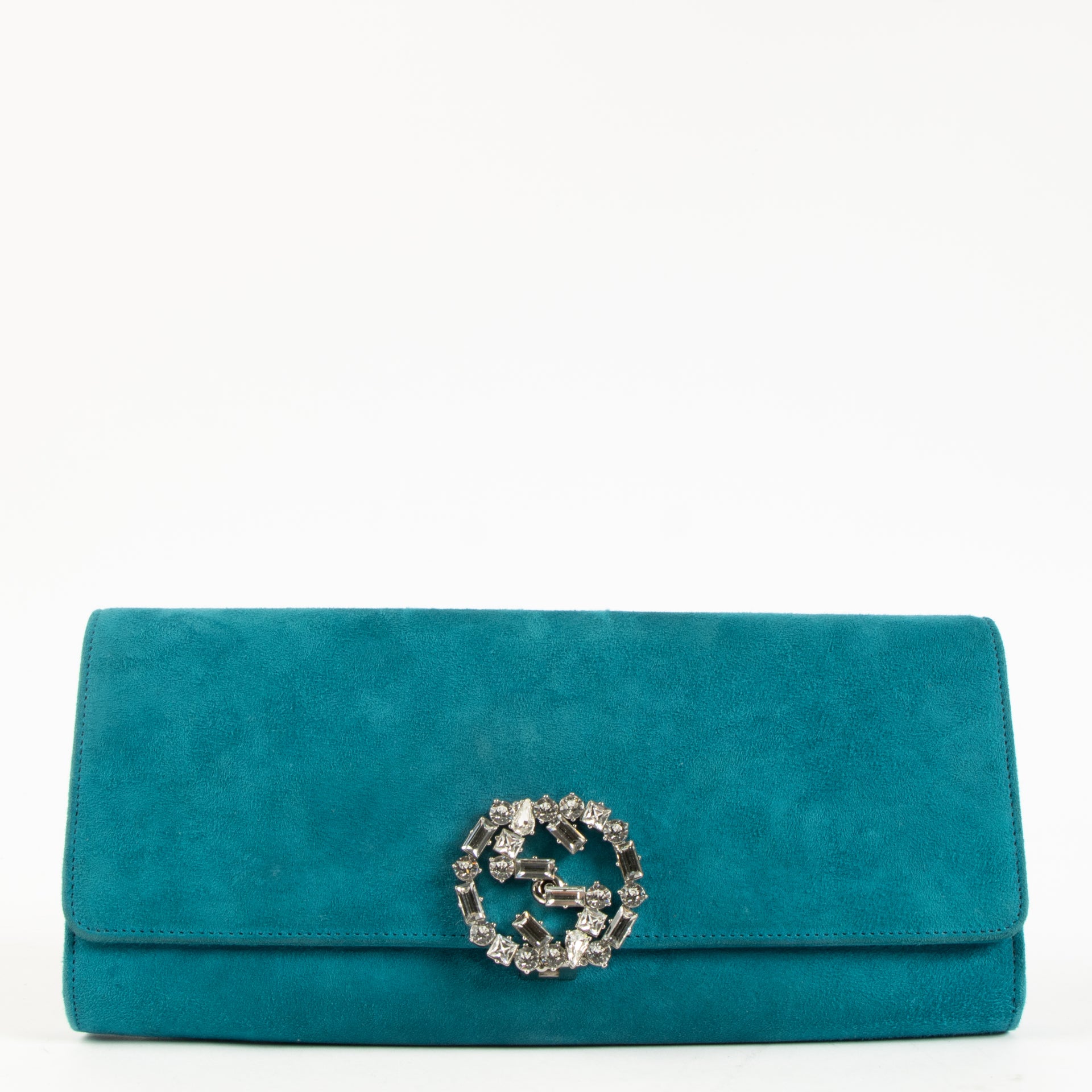 Gucci Teal Suede Crystal Broadway Clutch