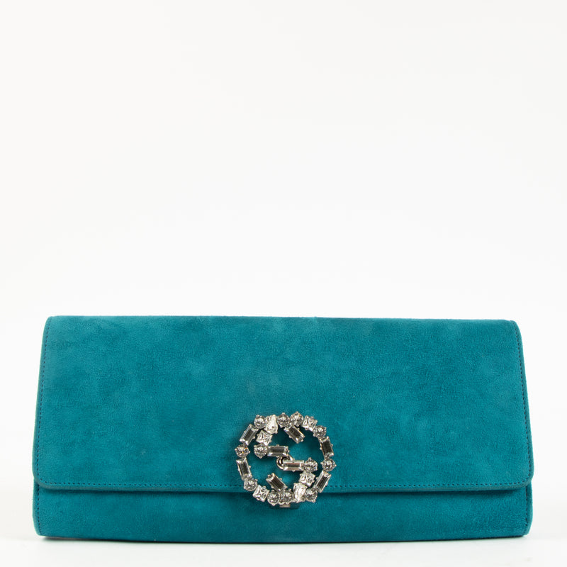Gucci Teal Suede Crystal Broadway Clutch