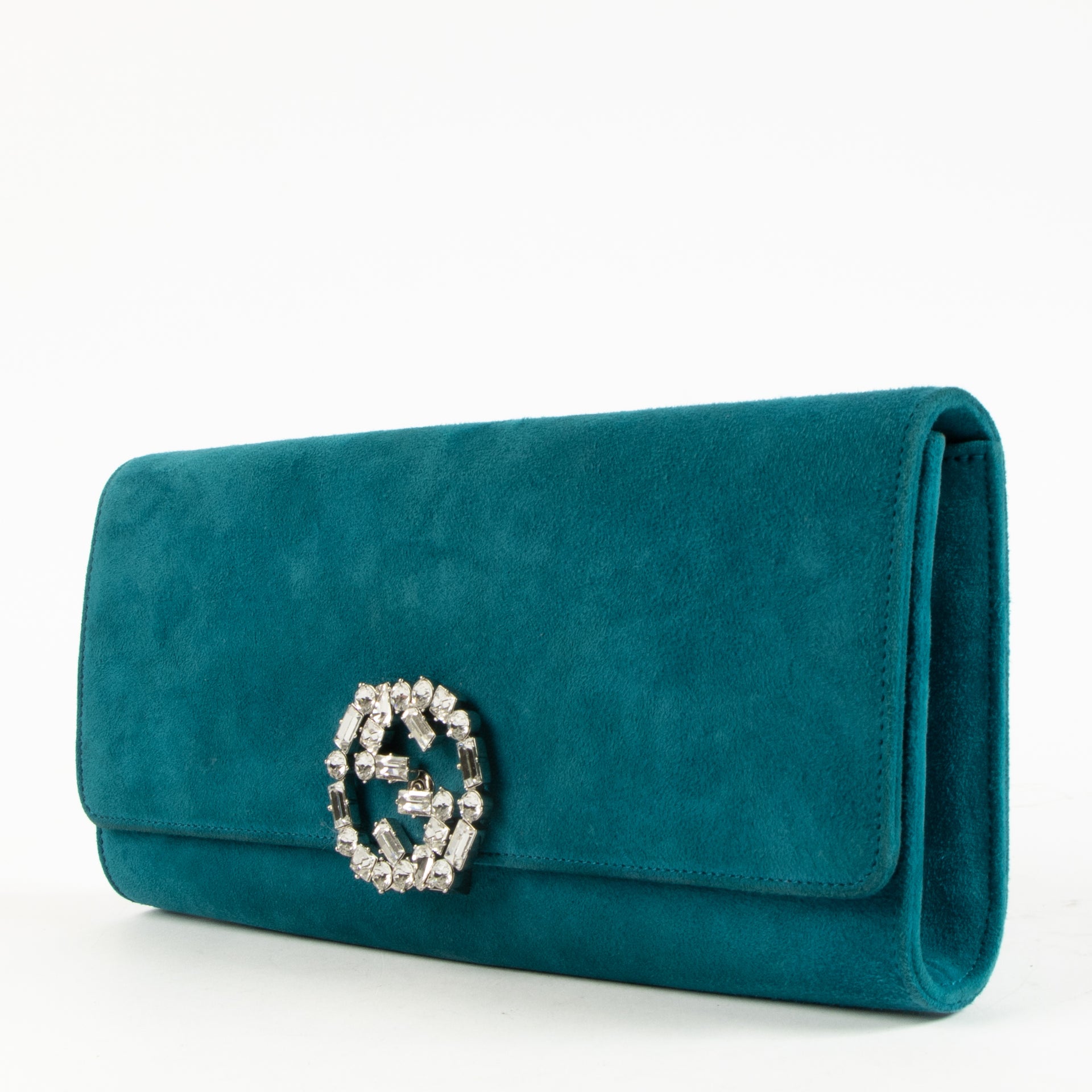 Gucci Teal Suede Crystal Broadway Clutch
