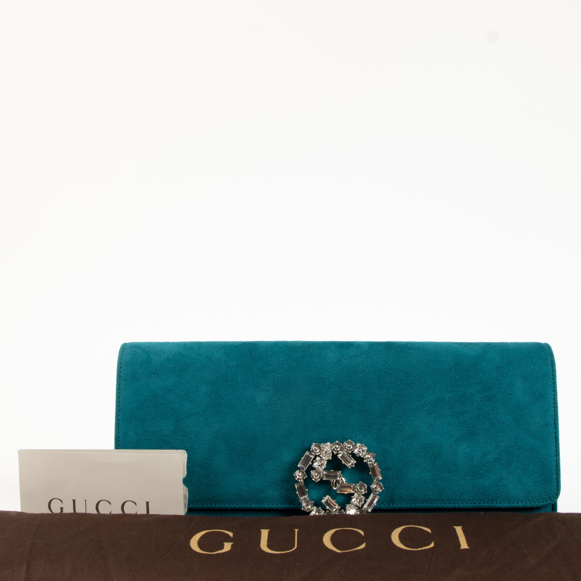 Gucci Teal Suede Crystal Broadway Clutch