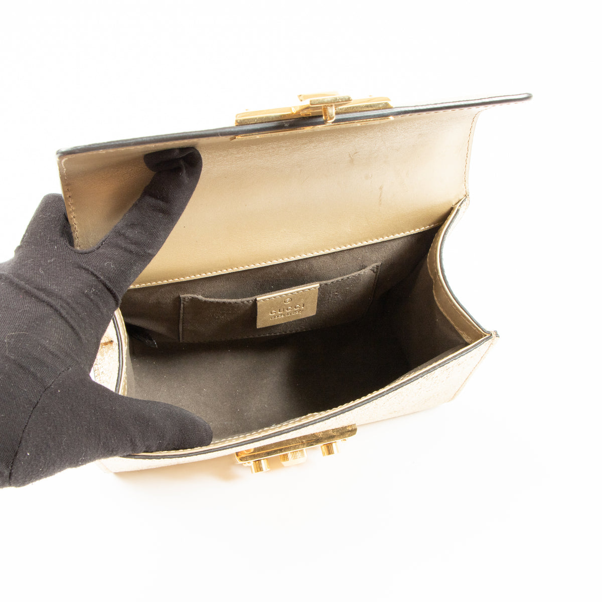 Gucci Gold Crinkled Leather Small Padlock Bag