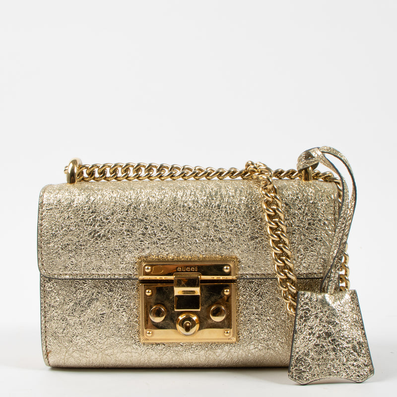 Gucci Gold Crinkled Leather Small Padlock Bag