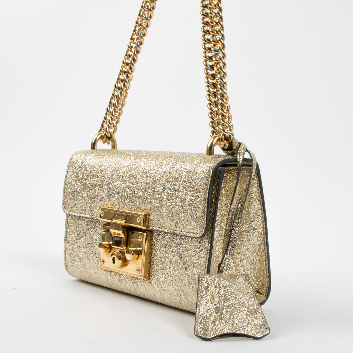 Gucci Gold Crinkled Leather Small Padlock Bag