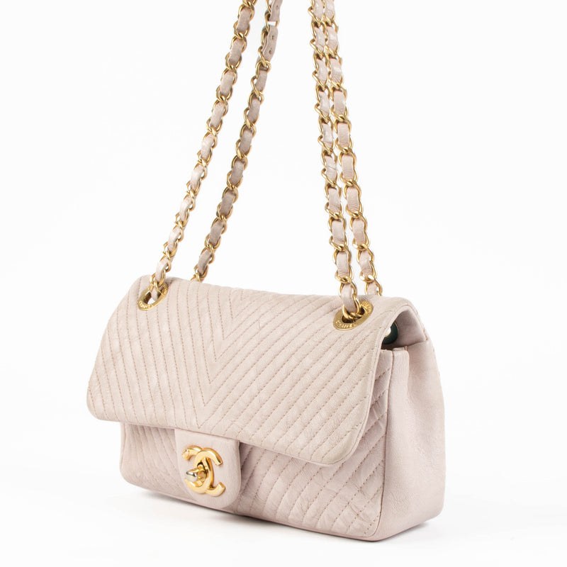 Chanel Pink Goatskin Small Chevron Medaillon Flap Bag