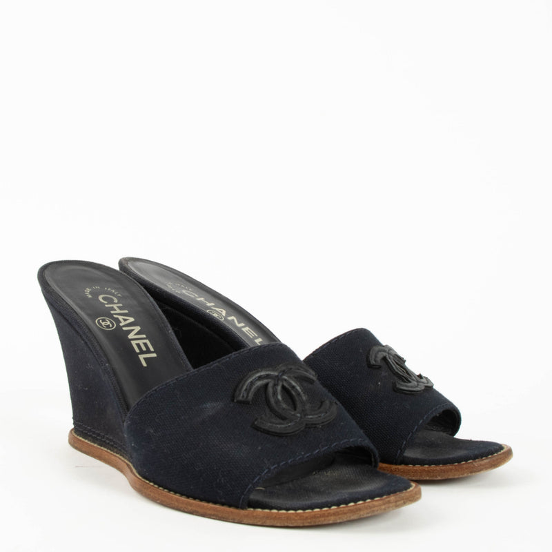 Chanel Blue Denim CC Wedge Mules - Size 37,5