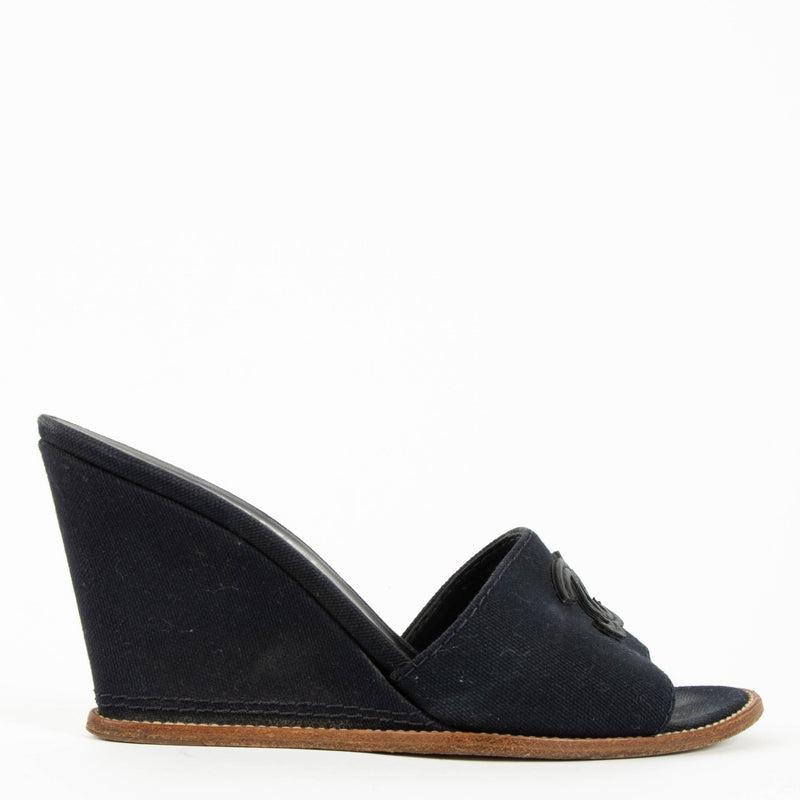Chanel Blue Denim CC Wedge Mules - Size 37,5