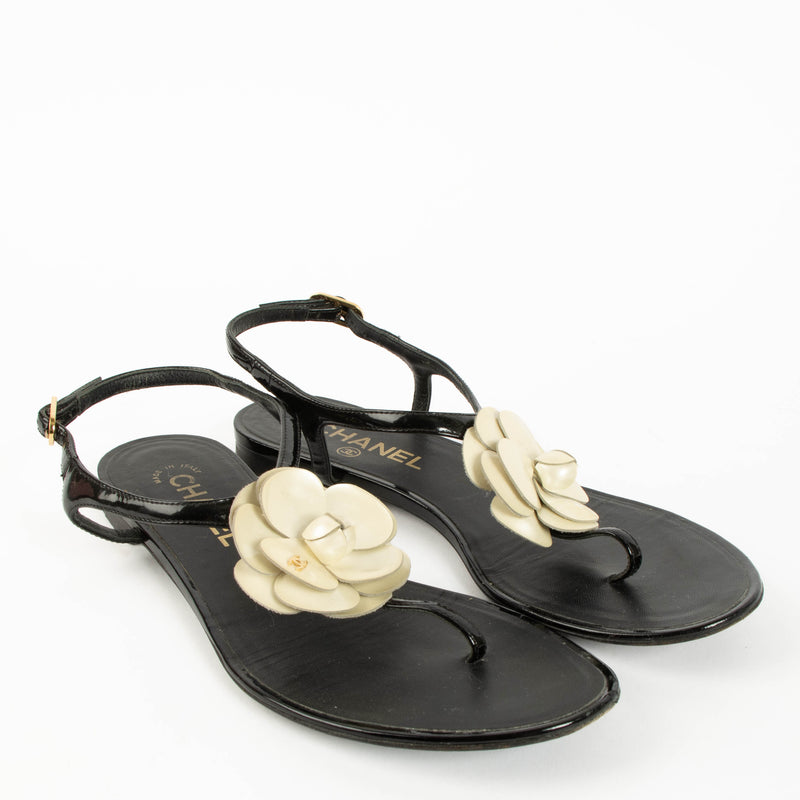 Chanel Black Camellia Flat Sandals - Size 37,5