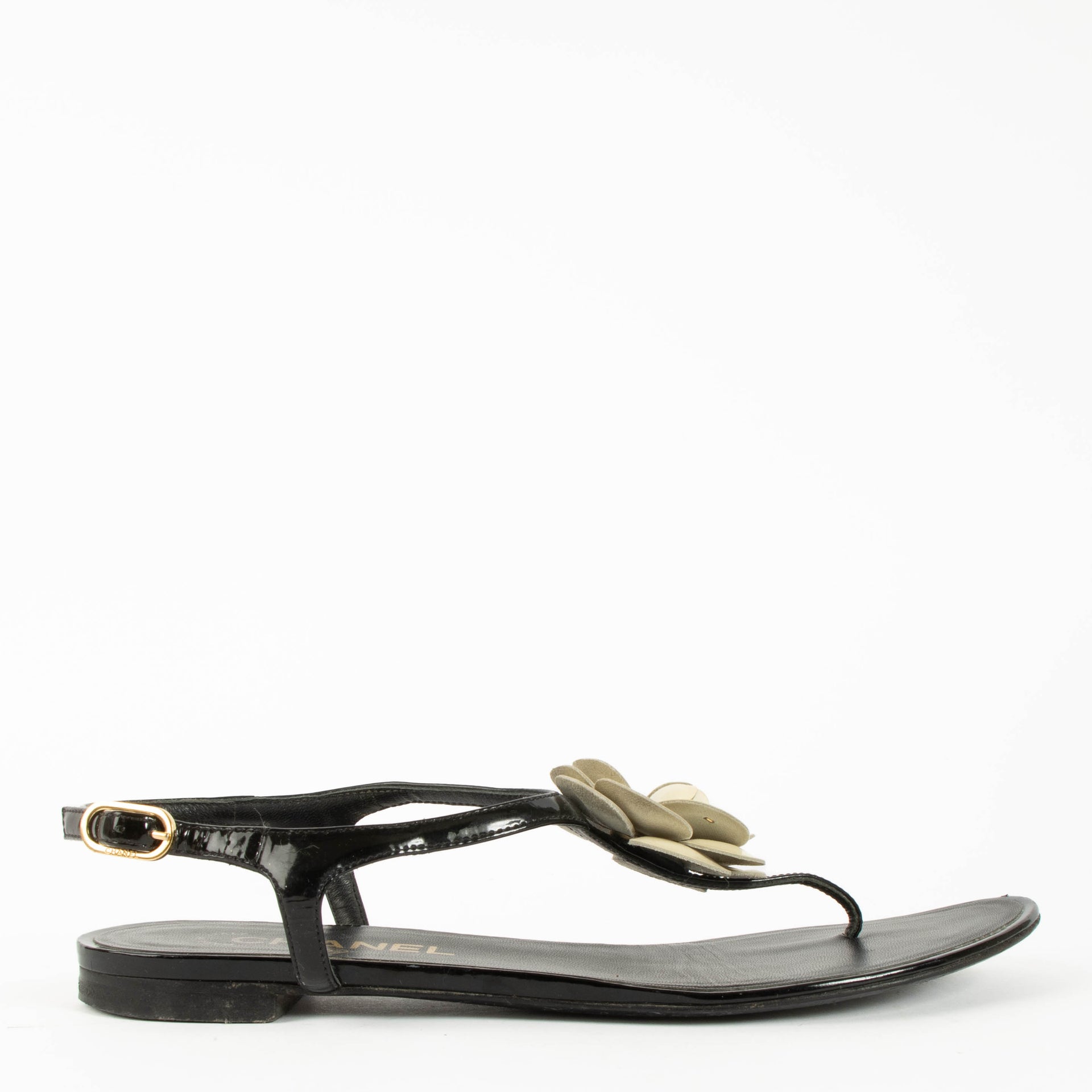 Chanel Black Camellia Flat Sandals - Size 37,5
