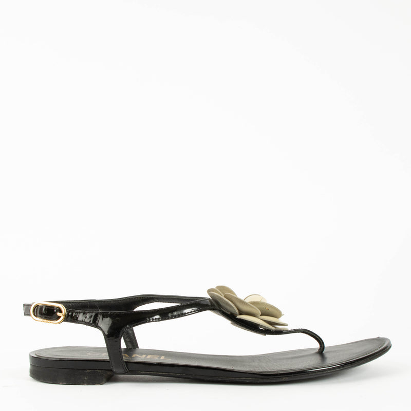 Chanel Black Camellia Flat Sandals - Size 37,5
