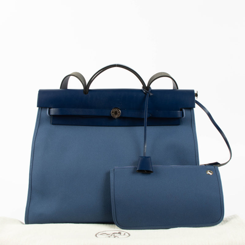 Shop the authentic Hermes Herbag Zip 39 Bleu Brighton/Bleu Saphir Canvas/Leather PHW second hand on Labellov.com