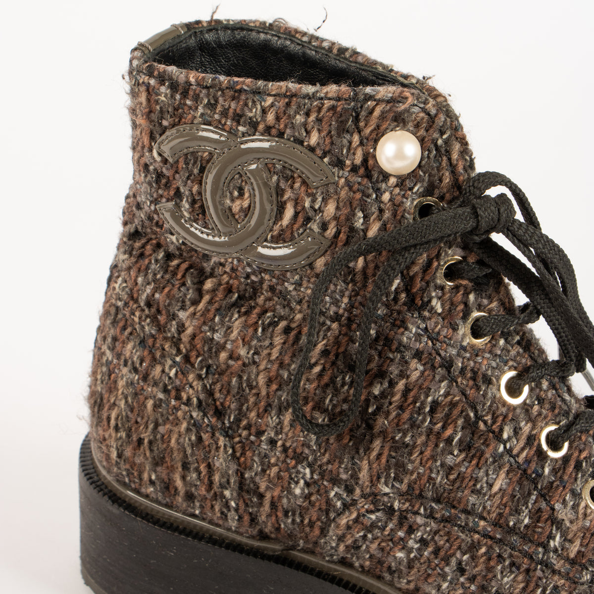 Shop this authentic Chanel Tweed Patent Calfskin Pearl Combat Short Boot - Size 39 Pre-Loved on Labellov.com