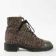 Shop this authentic Chanel Tweed Patent Calfskin Pearl Combat Short Boot - Size 39 Pre-Loved on Labellov.com