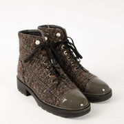 Shop this authentic Chanel Tweed Patent Calfskin Pearl Combat Short Boot - Size 39 Pre-Loved on Labellov.com