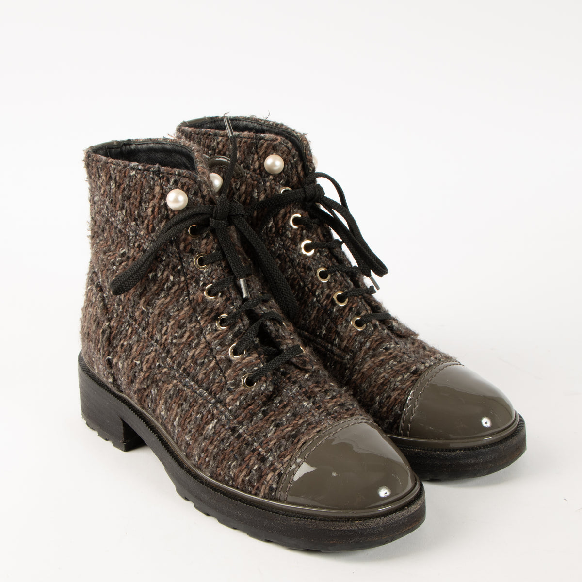 Shop this authentic Chanel Tweed Patent Calfskin Pearl Combat Short Boot - Size 39 Pre-Loved on Labellov.com