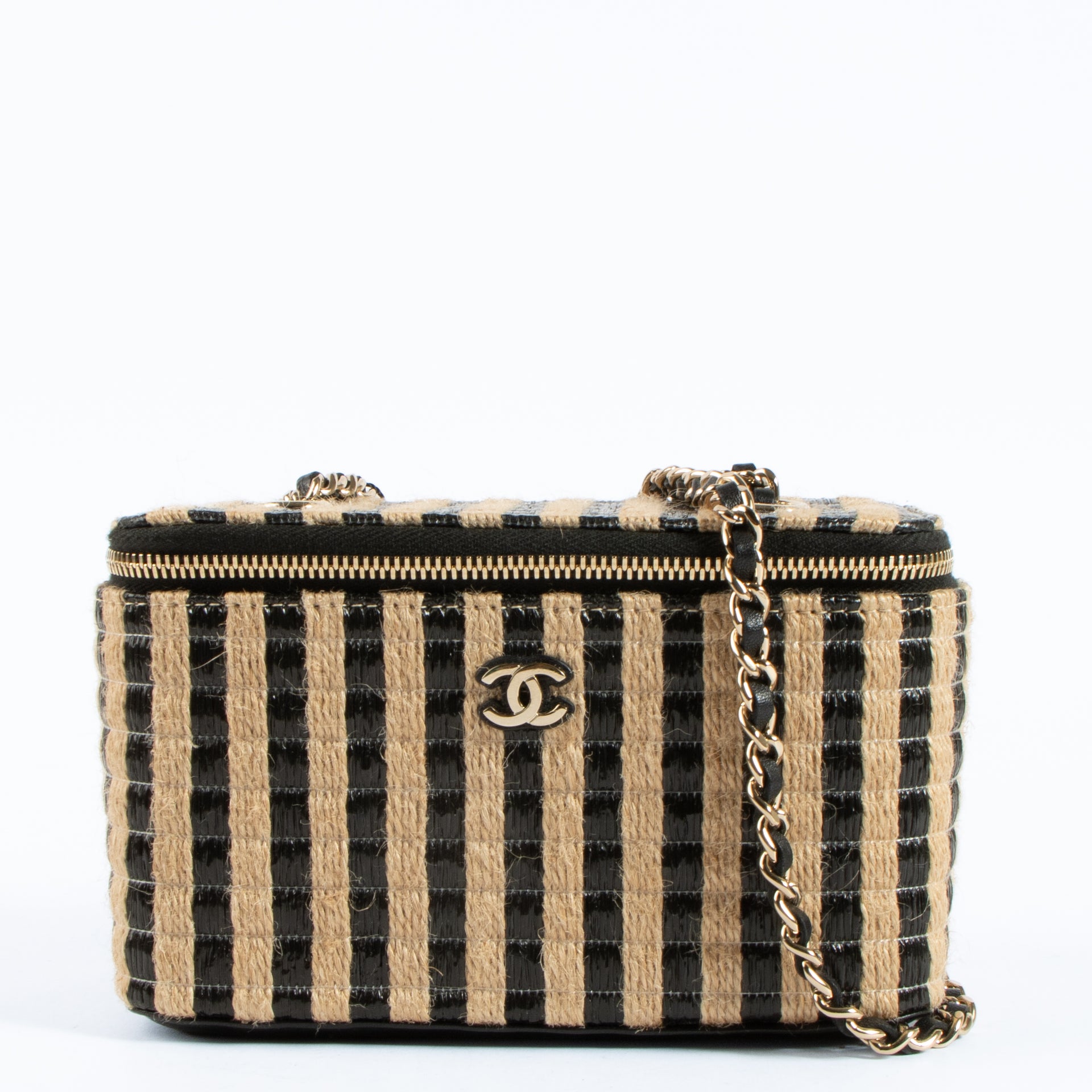 Chanel Striped Raffia Long Vanity With Chain Bag