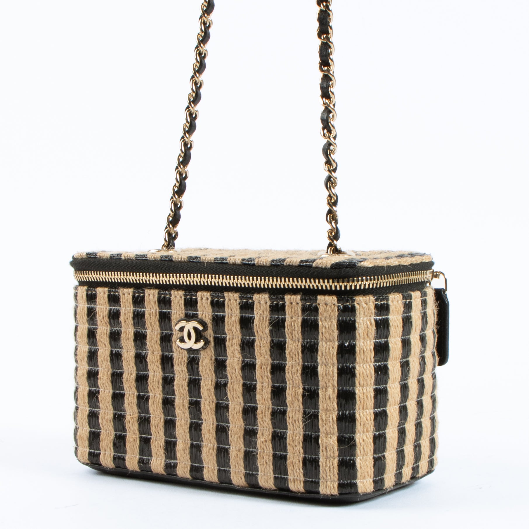 Chanel Striped Raffia Long Vanity With Chain Bag