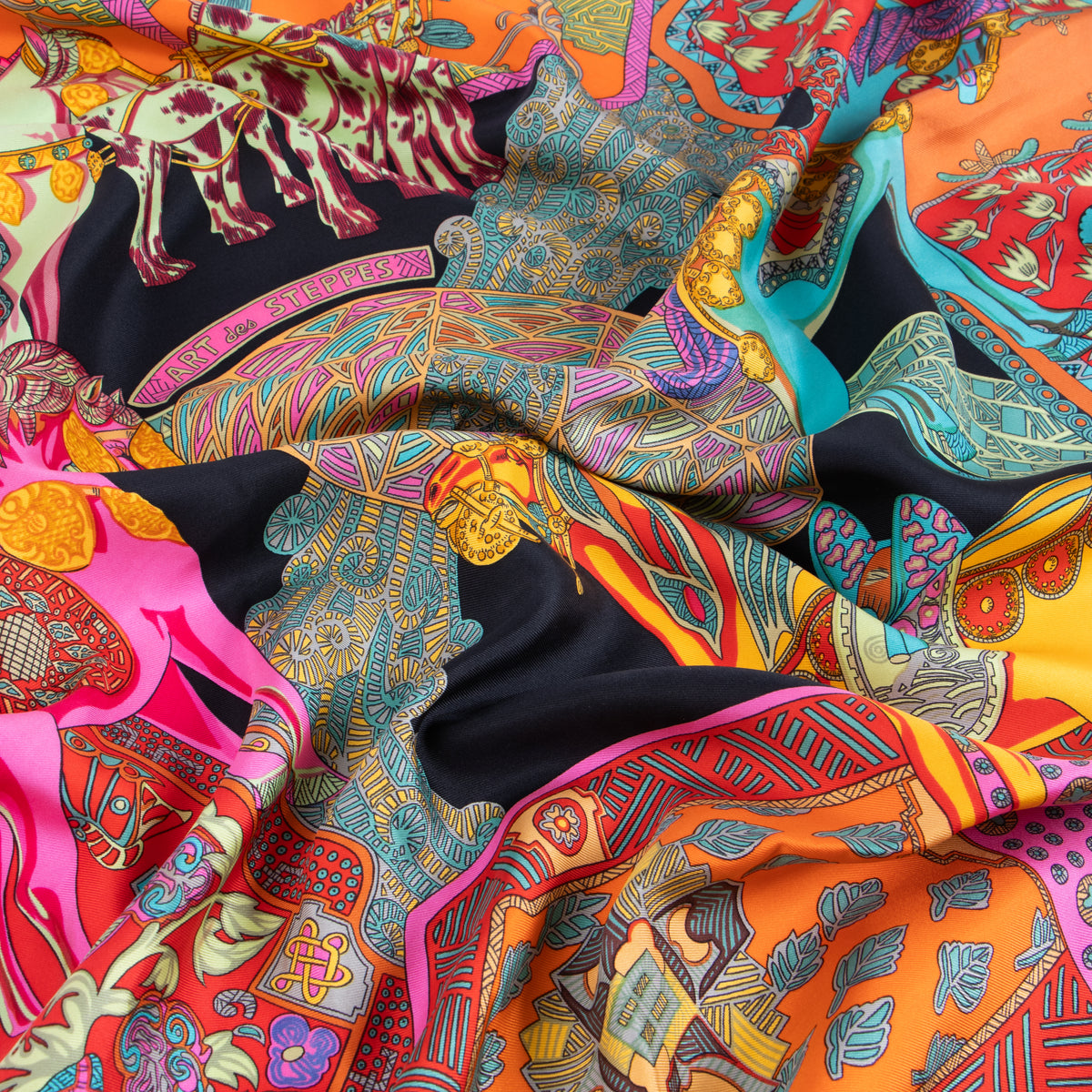 Shop this authentic Hermes Art des Steppes Black Silk 90 Scarf Pre-Loved on Labellov.com