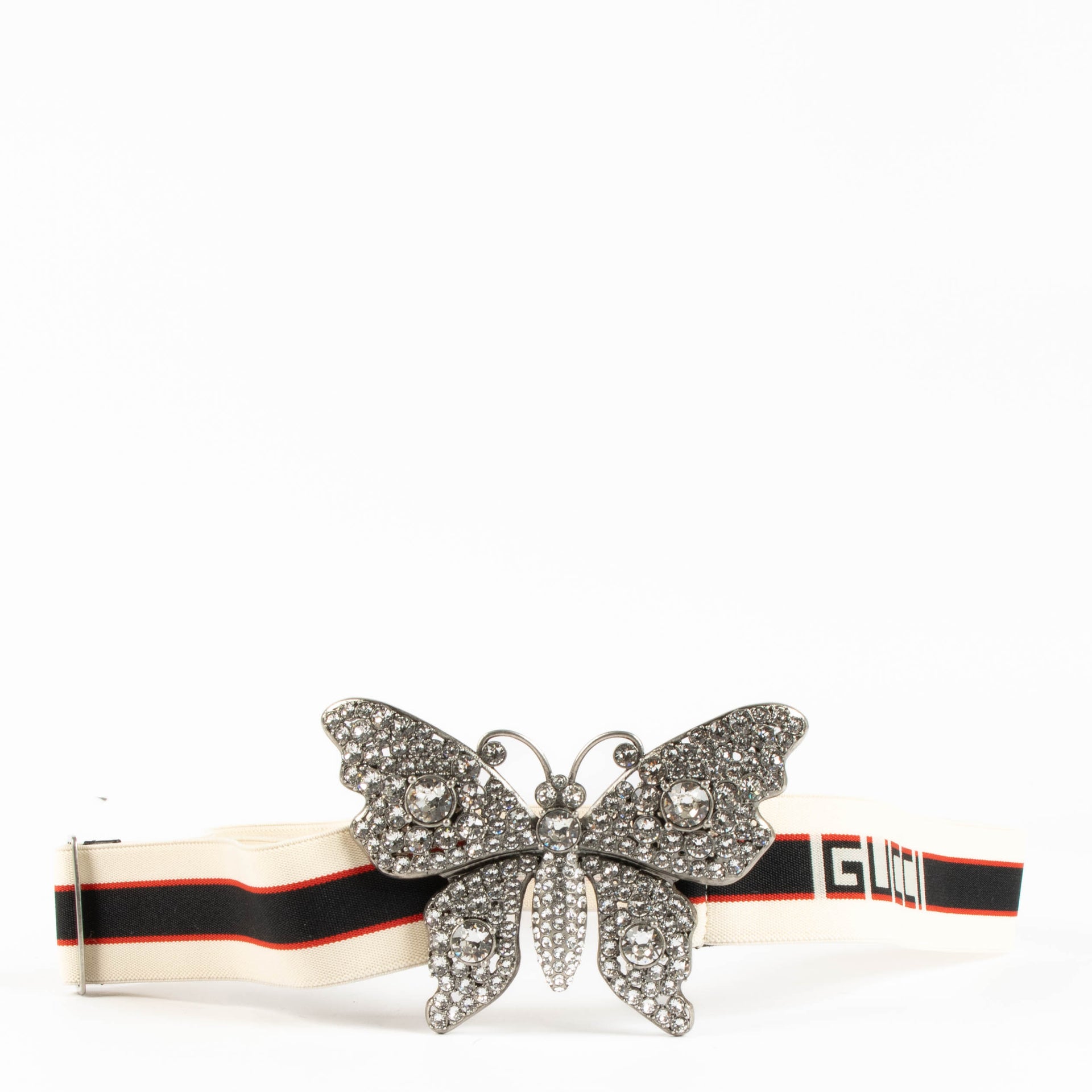 Shop the authentic Gucci Multicolor Crystal Butterfly Web Belt second hand on Labellov.com