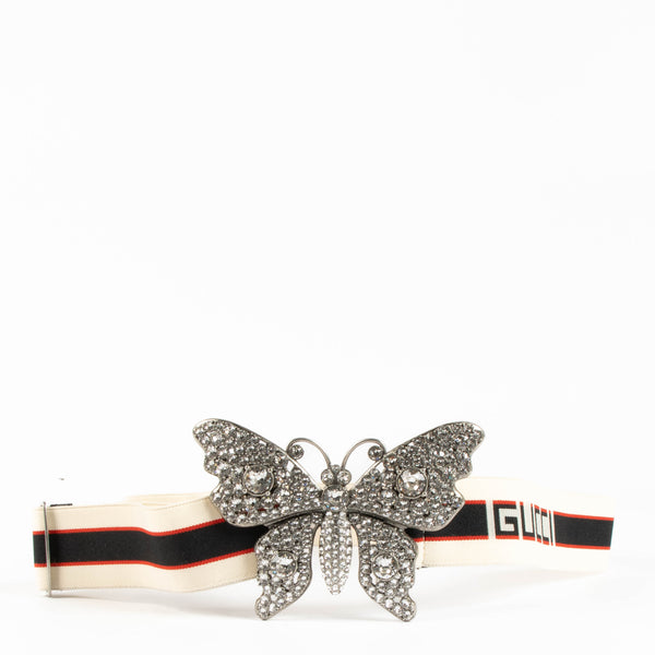 Shop the authentic Gucci Multicolor Crystal Butterfly Web Belt second hand on Labellov.com