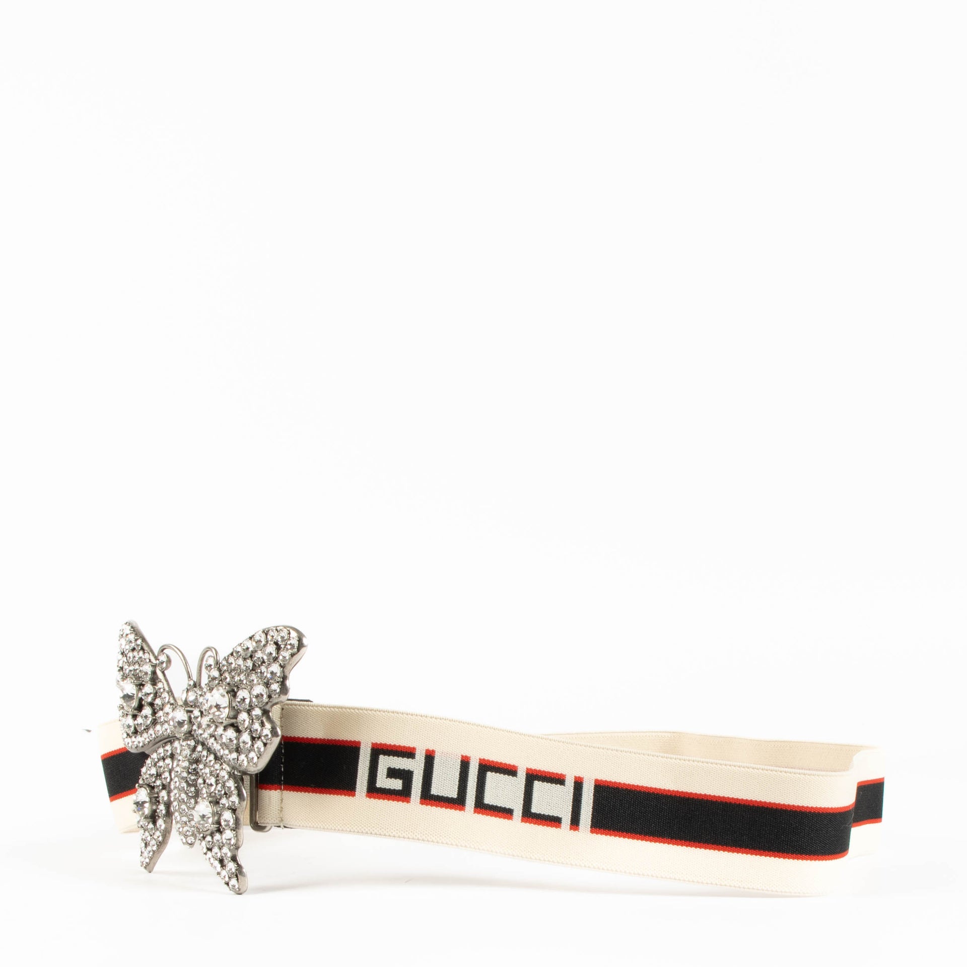 Shop the authentic Gucci Multicolor Crystal Butterfly Web Belt second hand on Labellov.com