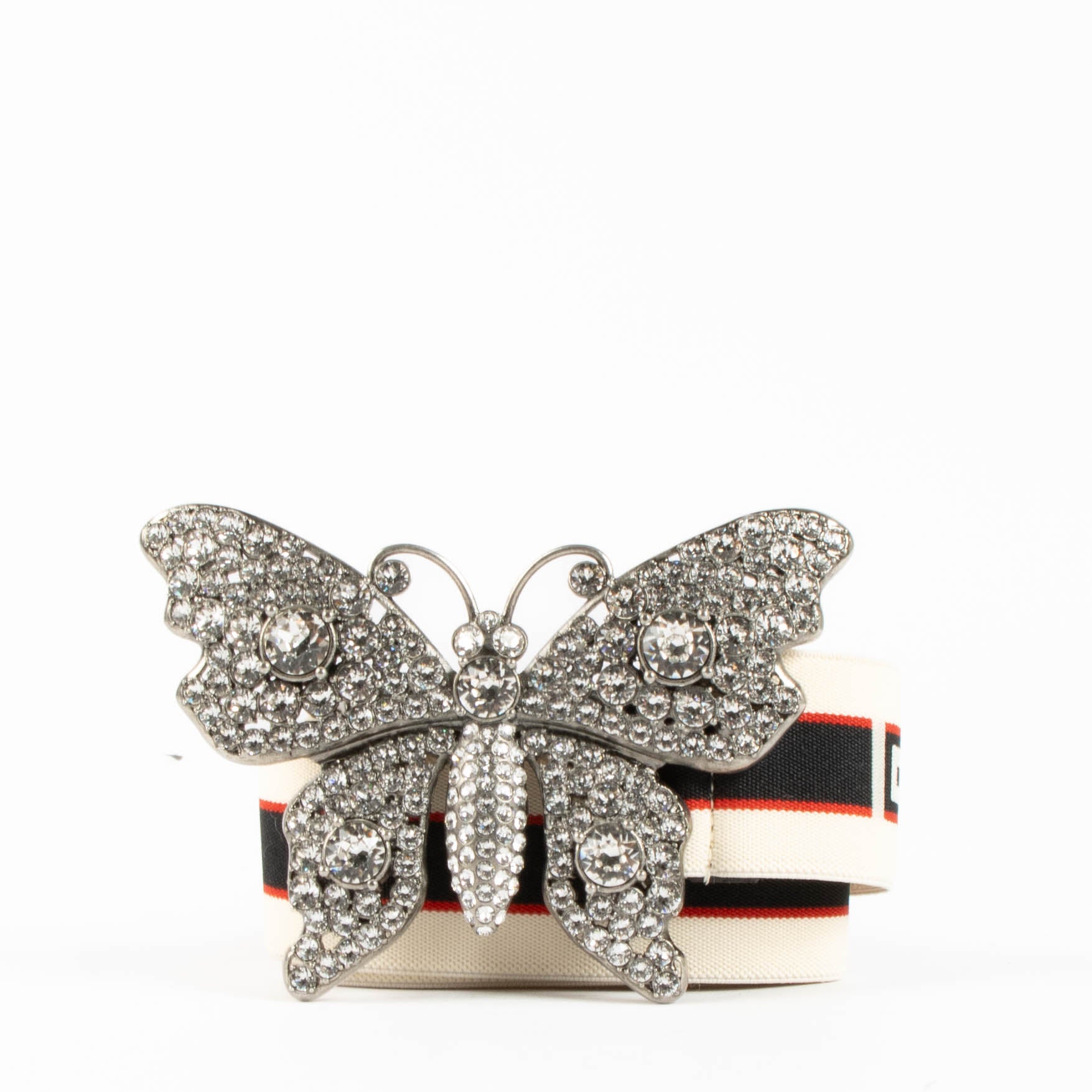 Shop the authentic Gucci Multicolor Crystal Butterfly Web Belt second hand on Labellov.com
