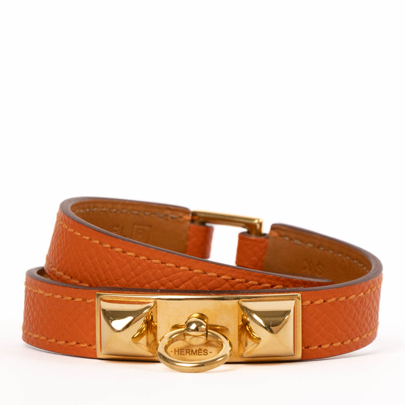 Hermes Orange Epsom Rivale Double Tour Bracelet - Size XS
