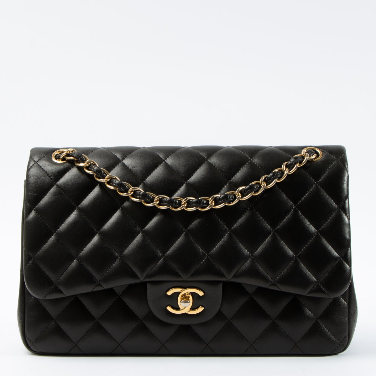 Shop this authentic Chanel Black Lambskin Large/Jumbo Classic Handbag pre-loved on Labellov.com 