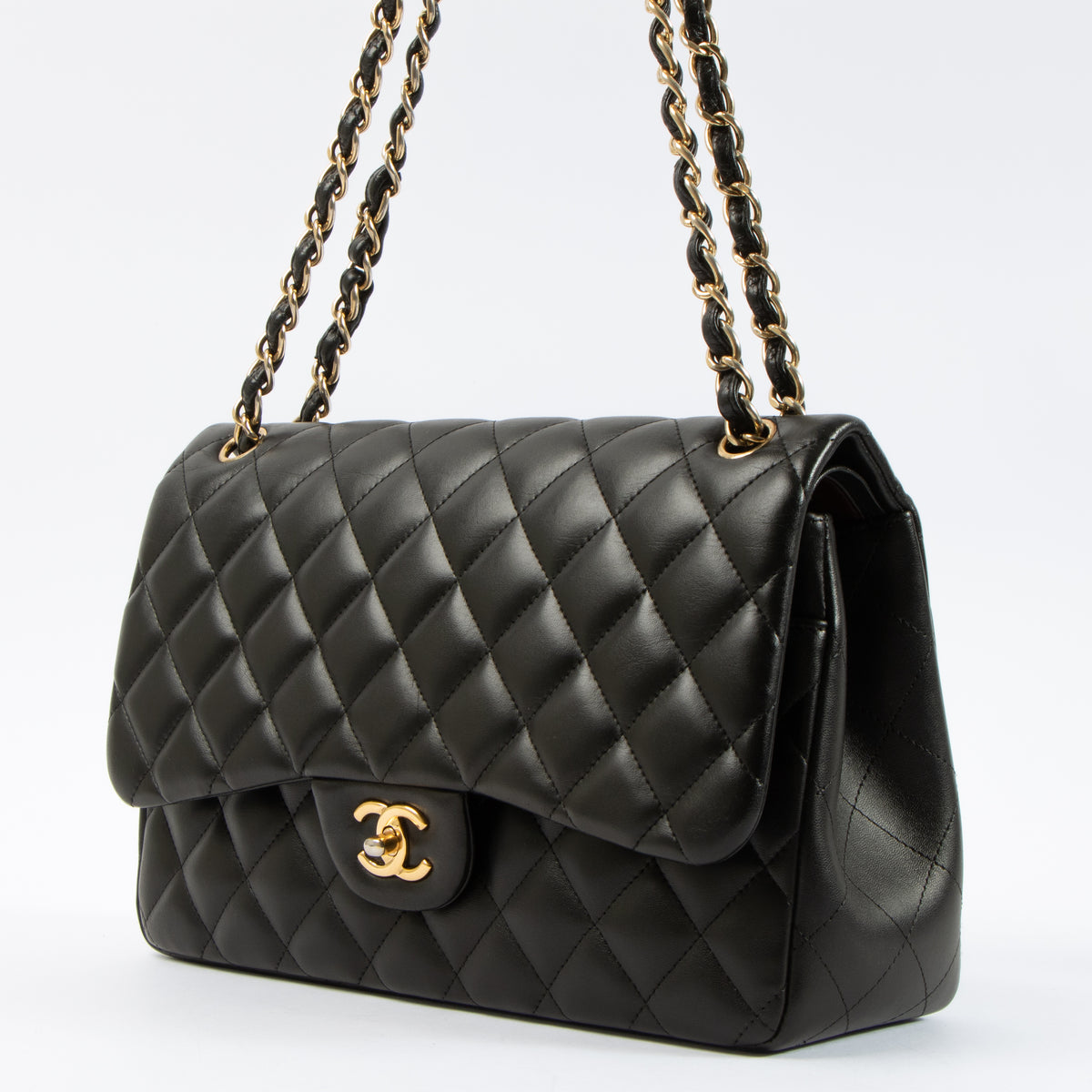 Shop this authentic Chanel Black Lambskin Large/Jumbo Classic Handbag pre-loved on Labellov.com 