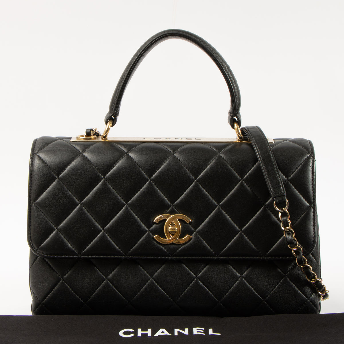 Shop this authentic Chanel Black Lambskin Medium Trendy CC Bag pre-loved on Labellov.com