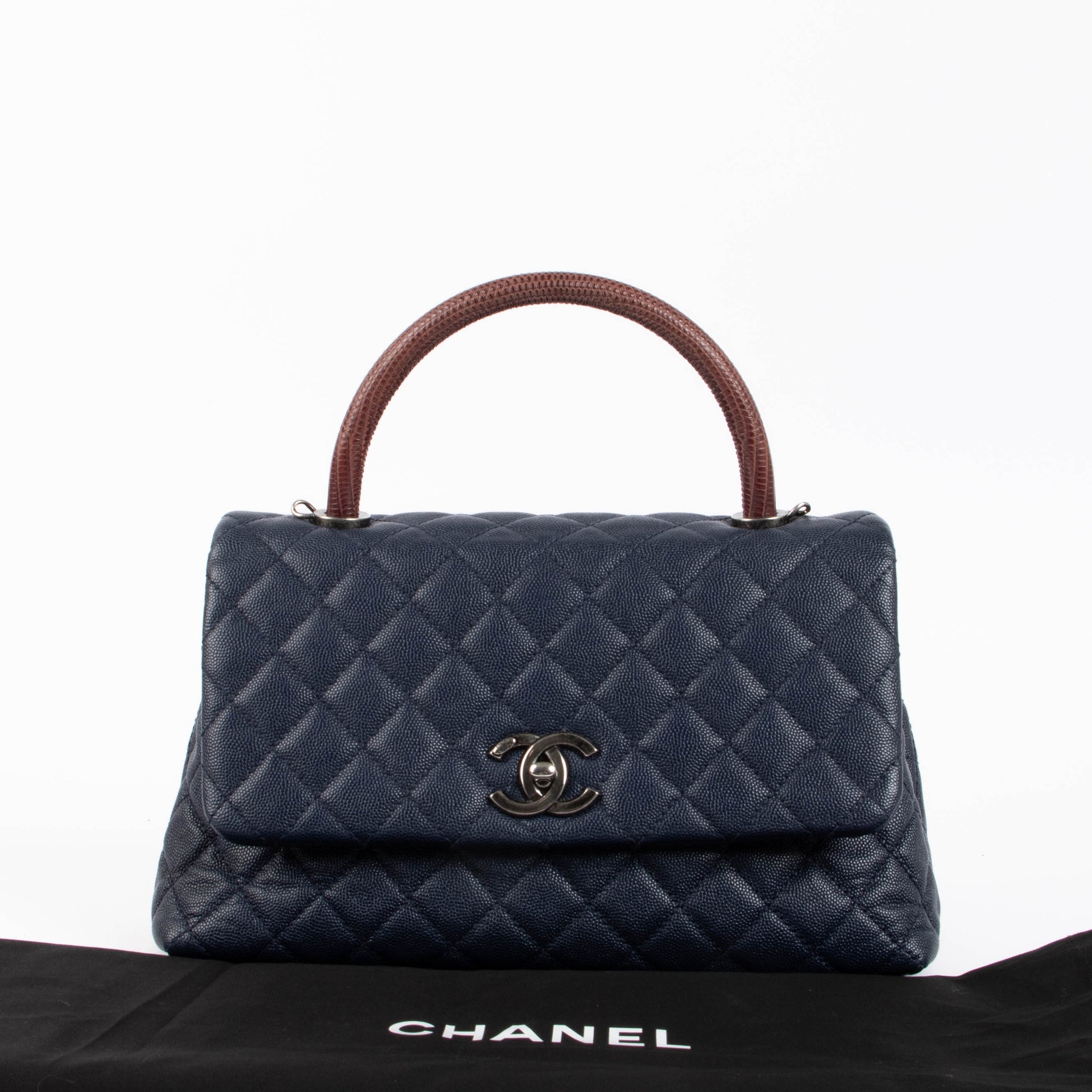 Chanel Navy Caviar Burgundy Lizard Large Coco Handle Bag
