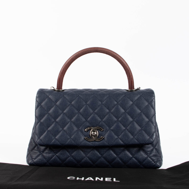 Chanel Navy Caviar Burgundy Lizard Large Coco Handle Bag