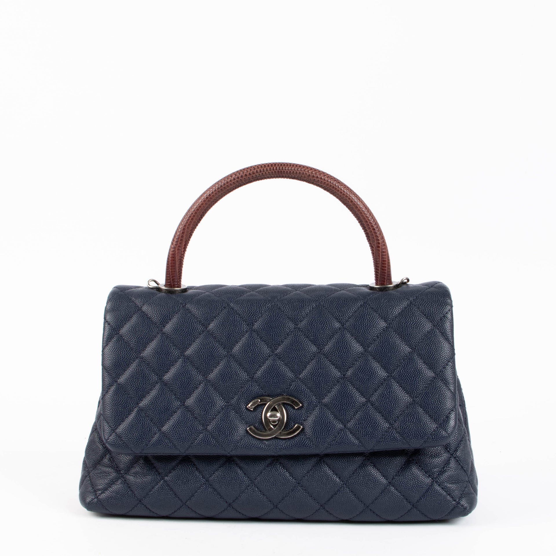 Chanel Navy Caviar Burgundy Lizard Large Coco Handle Bag