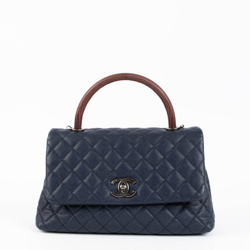 Chanel Navy Caviar Burgundy Lizard Large Coco Handle Bag