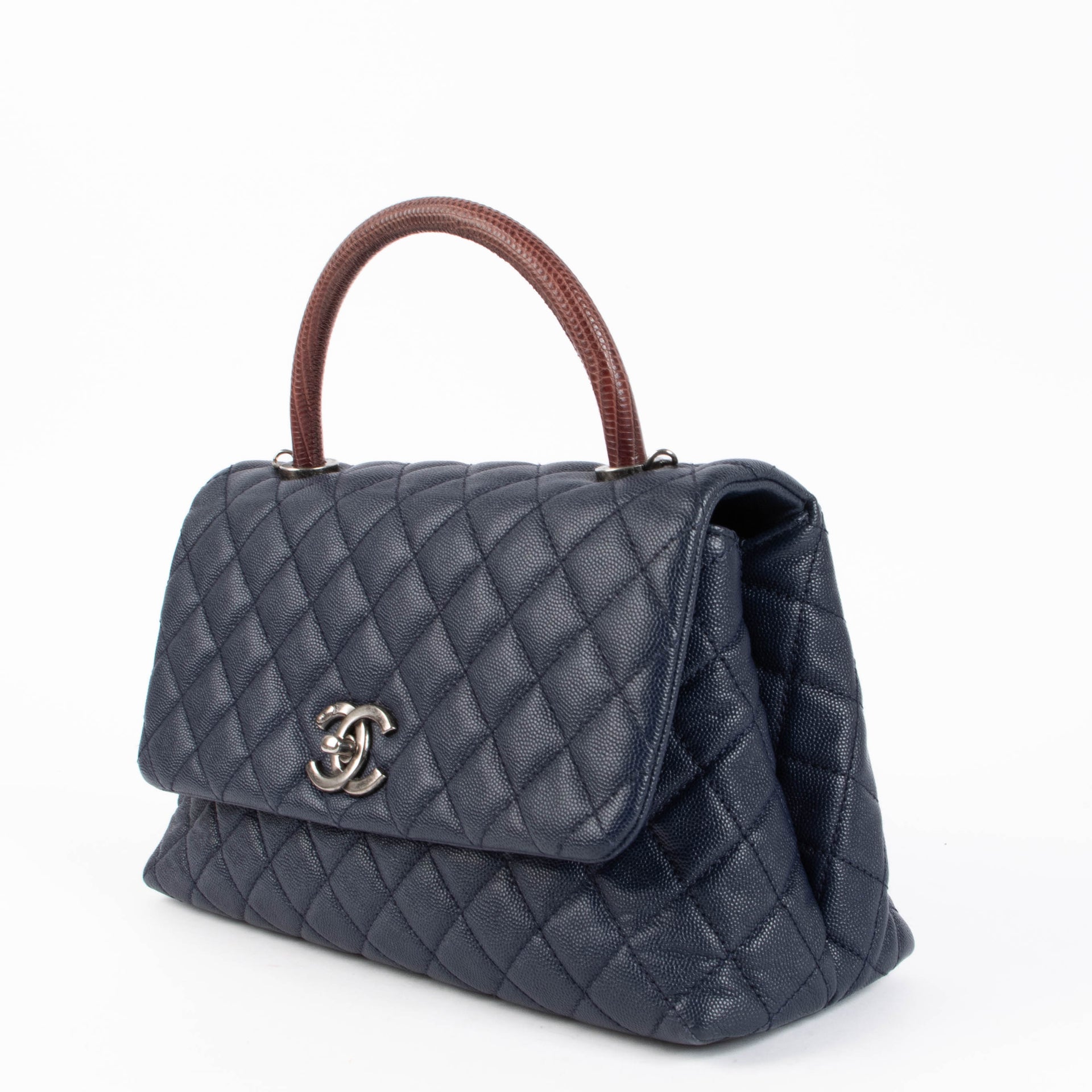 Chanel Navy Caviar Burgundy Lizard Large Coco Handle Bag