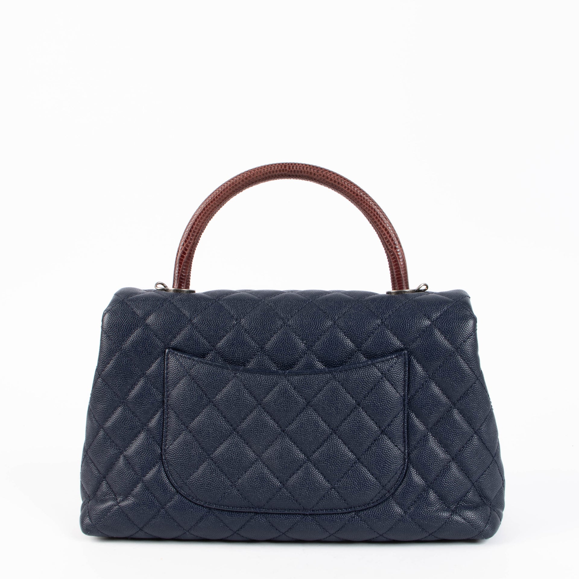 Chanel Navy Caviar Burgundy Lizard Large Coco Handle Bag
