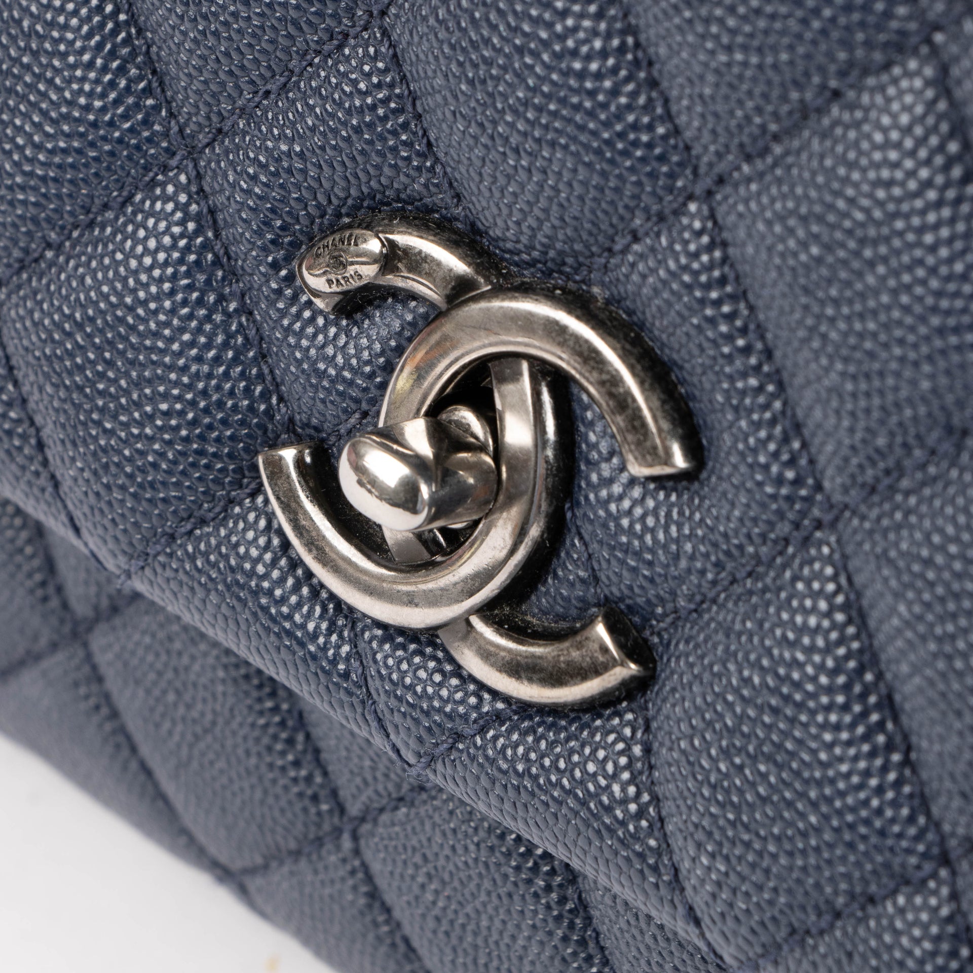 Chanel Navy Caviar Burgundy Lizard Large Coco Handle Bag