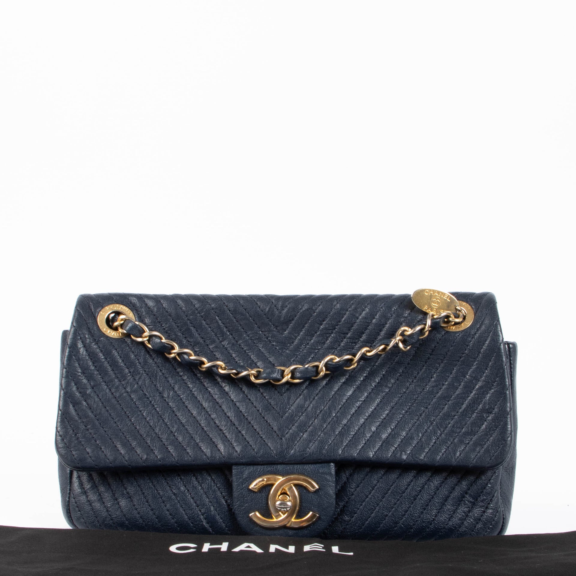 Chanel Blue Wrinkled Goatskin Chevron Medallion Medium Flap Bag