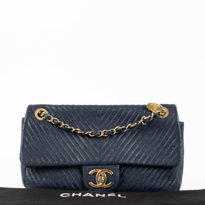 Chanel Blue Wrinkled Goatskin Chevron Medallion Medium Flap Bag