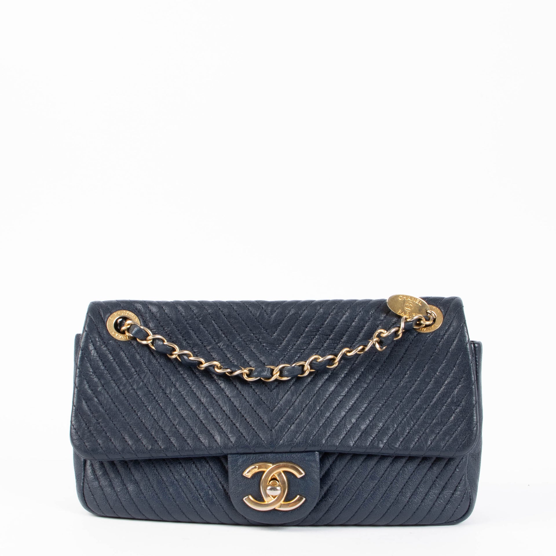 Chanel Blue Wrinkled Goatskin Chevron Medallion Medium Flap Bag