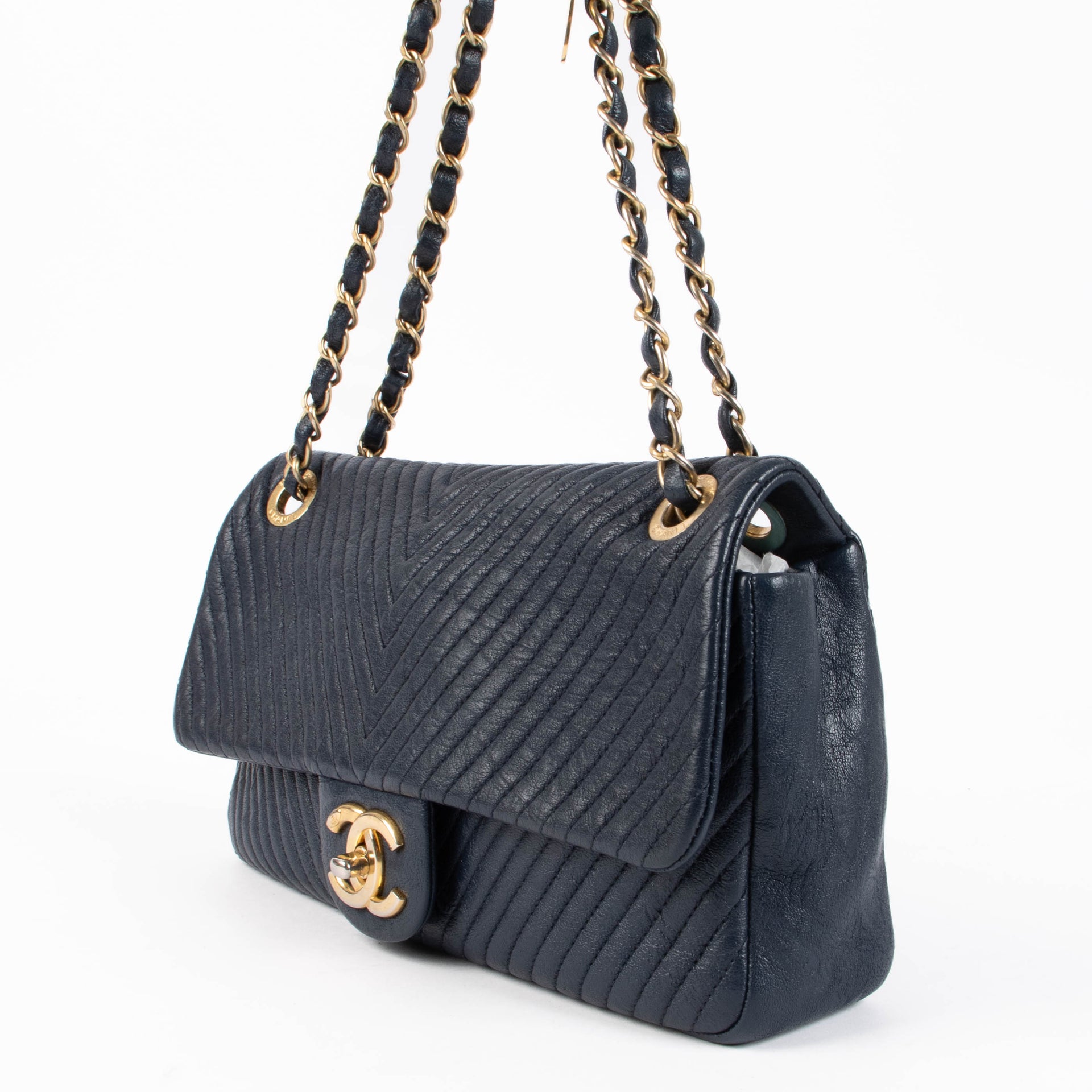 Chanel Blue Wrinkled Goatskin Chevron Medallion Medium Flap Bag