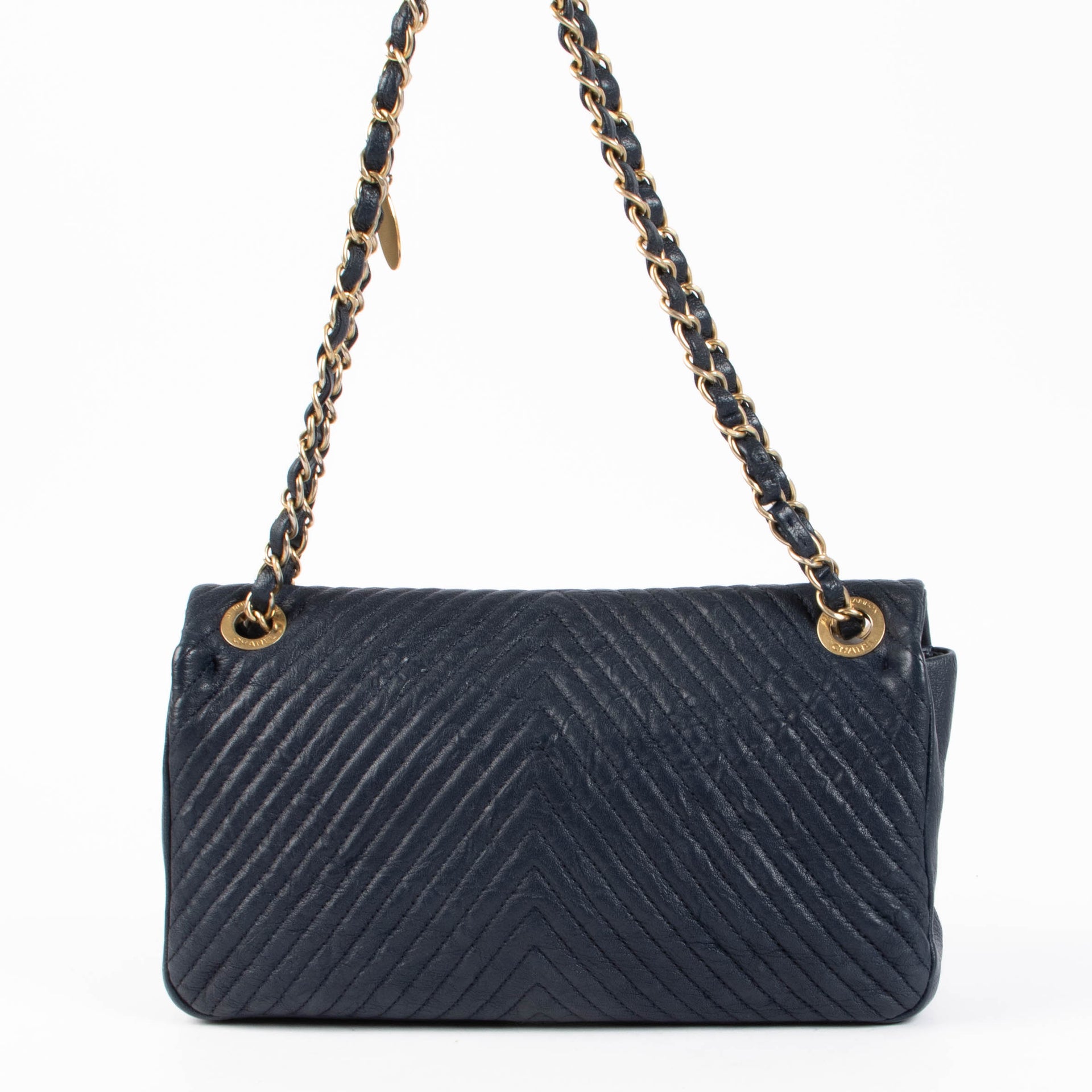 Chanel Blue Wrinkled Goatskin Chevron Medallion Medium Flap Bag