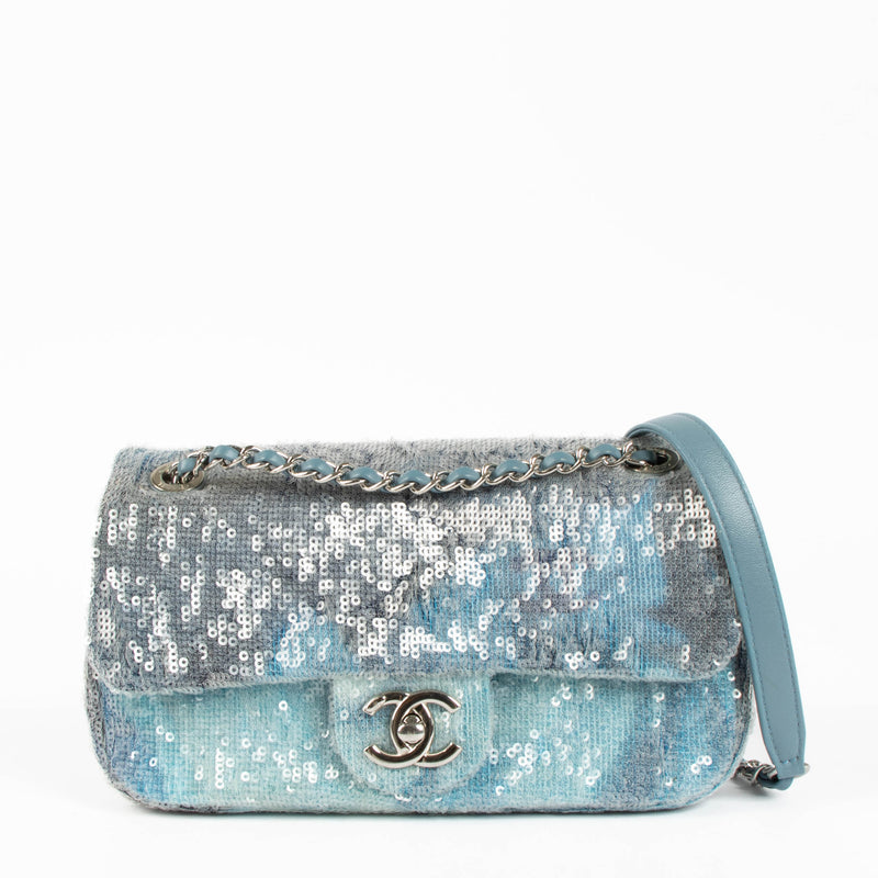 Chanel 18S Blue Sequin Waterfall Small Classic Single Flap Bag
