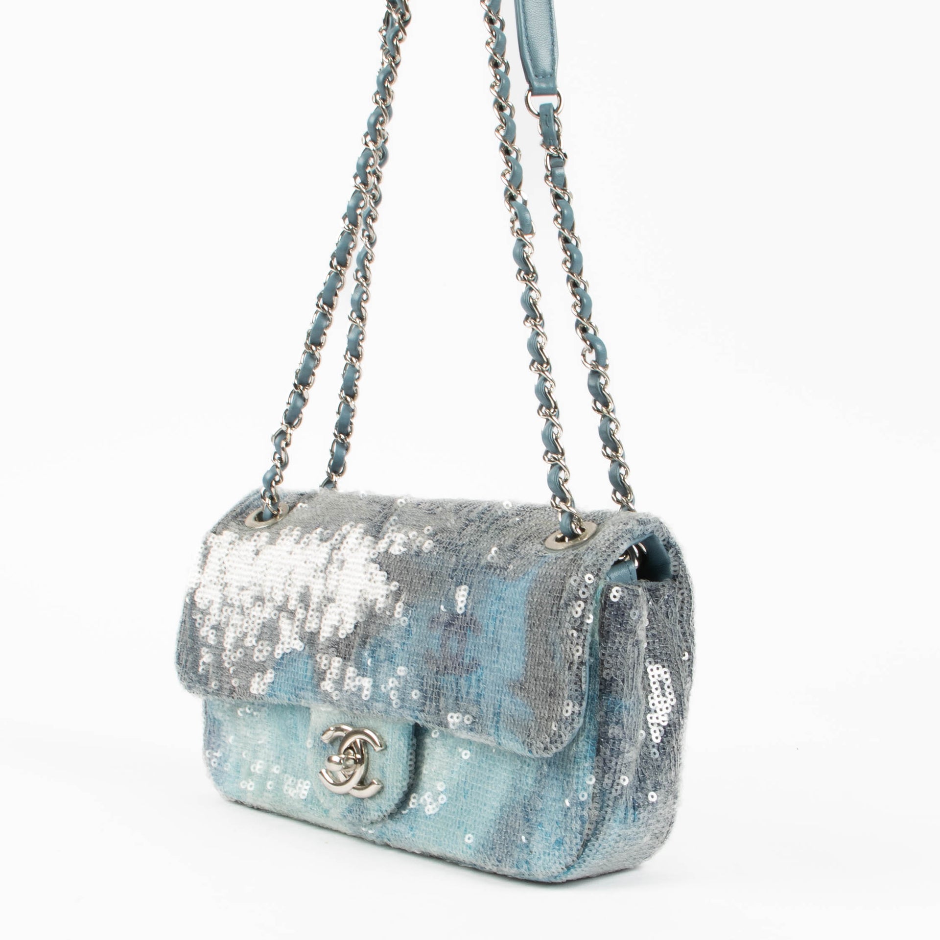 Chanel 18S Blue Sequin Waterfall Small Classic Single Flap Bag