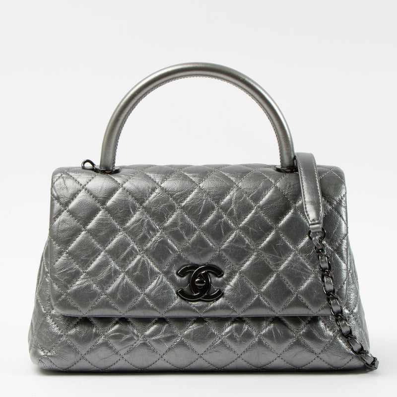 Shop this authentic Chanel Metallic Grey Medium Coco Handle Bag pre-loved on Labellov.com