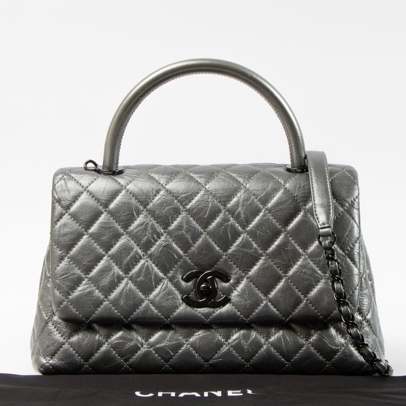 Shop this authentic Chanel Metallic Grey Medium Coco Handle Bag pre-loved on Labellov.com